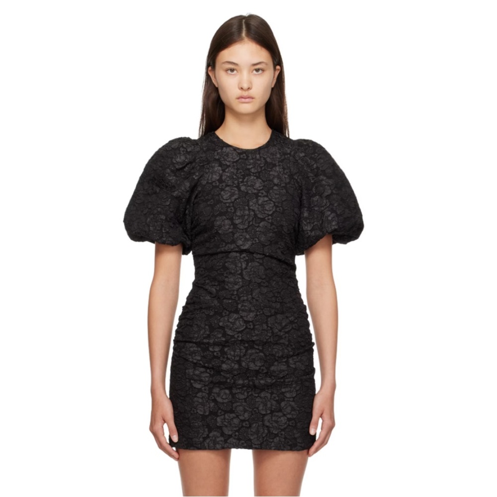 GANNI Black Stretch Floral Jacquard Puff Sleeve Minidress Size 38
